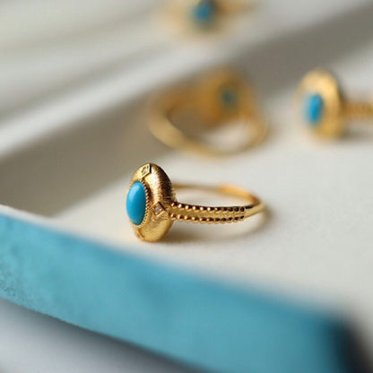 Sheehas Exquisite Natural Turquoise Sterling Silver 18K Gold Plated Adjustable Vintage Court-style Ring