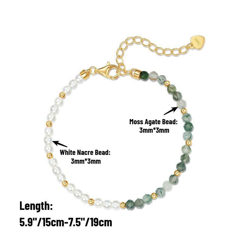Moss Agate Faceted Beads & White Nacre 10K Gold-Plated Sterling Silver Adjustable Bracelet