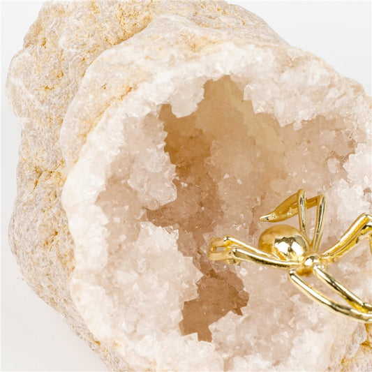 Unique White Agate Geode Embellished with Spider - A Beacon of Abundant Wealth