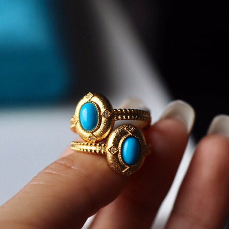 Sheehas Exquisite Natural Turquoise Sterling Silver 18K Gold Plated Adjustable Vintage Court-style Ring