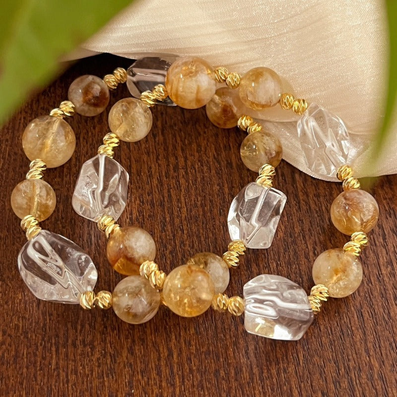 Sheehas Feng Shui Natural Citrine and White Crystal Maillard-style Retro Elastic Bracelet