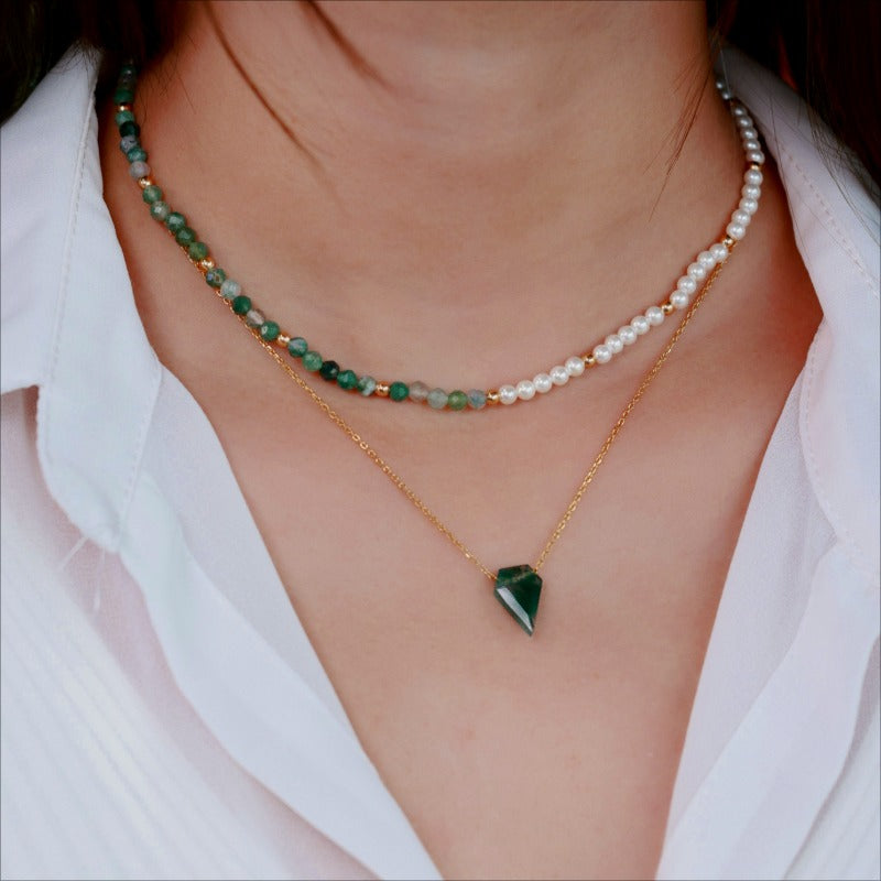 Moss Agate Faceted Beads & White Nacre 10K Gold-Plated Sterling Silver Necklace