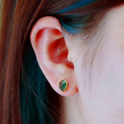 Moss Agate Sterling Silver Stud Earrings with Luxury 10K Gold-Plated Edge
