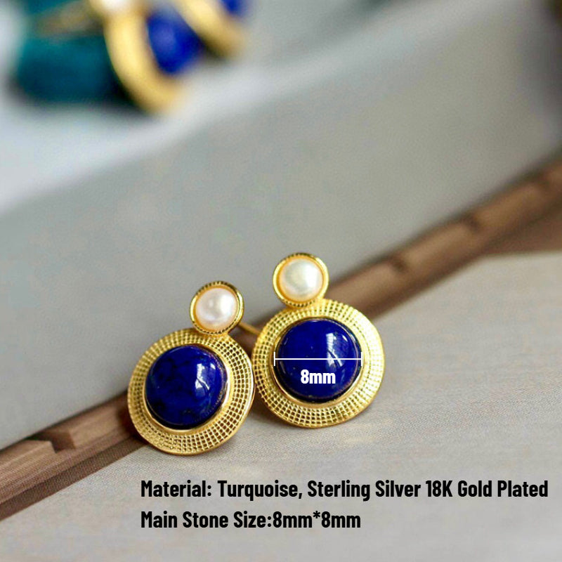 Sheehas Natural Lapis Lazuli & Pearl-Inlaid Sterling Silver 18K Gold Plated Stud Earrings