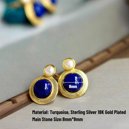 Sheehas Natural Lapis Lazuli & Pearl-Inlaid Sterling Silver 18K Gold Plated Stud Earrings