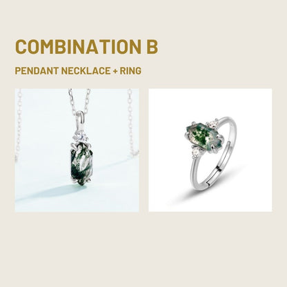 Moss Agate Sterling Silver Hexagon Prong-setting Retro Jewelry Set ( 6 Combinations Available)