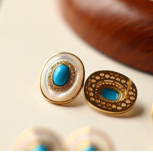Sheehas Feng Shui Natural Turquoise & White Nacre Sterling Silver 18K Gold Plated Oval Stud Earrings