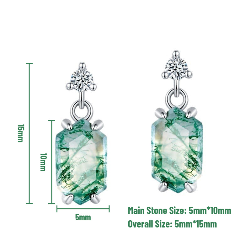 Boucles d'oreilles pendantes rétro en argent sterling et agate mousse, serties de griffes hexagonales