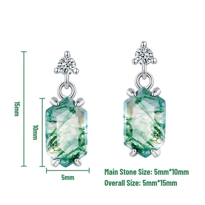 Boucles d'oreilles pendantes rétro en argent sterling et agate mousse, serties de griffes hexagonales
