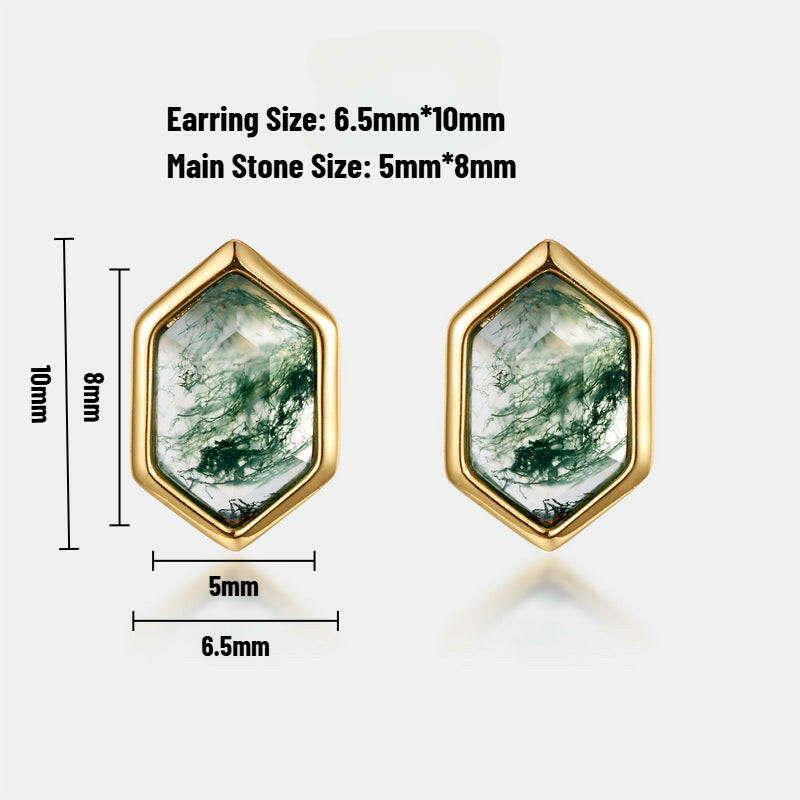 Moss Agate Sterling Silver Stud Earrings with Luxury 10K Gold-Plated Edge