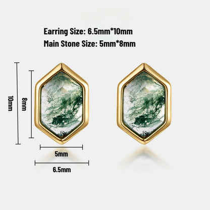 Moss Agate Sterling Silver Stud Earrings with Luxury 10K Gold-Plated Edge