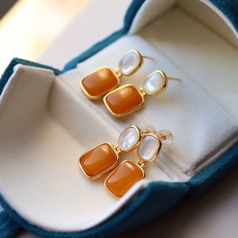 Sheehas Feng Shui Natural Amber & White Nacre Sterling Silver 18K Gold Plated Vintage Square Dangel Earrings