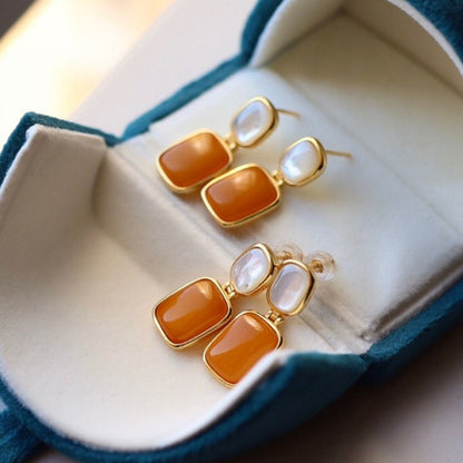 Sheehas Feng Shui Natural Amber & White Nacre Sterling Silver 18K Gold Plated Vintage Square Dangel Earrings