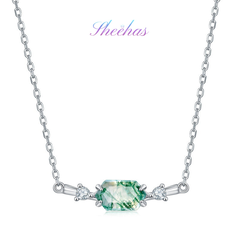 Moss Agate Sterling Silver Hexagon Prong-setting Retro Choker Necklace