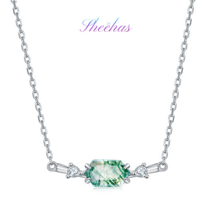 Moss Agate Sterling Silver Hexagon Prong-setting Retro Choker Necklace