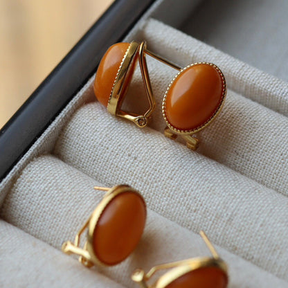 Sheehas Natural Amber Sterling Silver 18K Gold Plated Oval-shaped Feng Shui Healing Clip-on Earrings