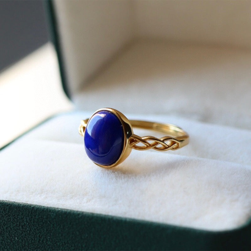 Sheehas Feng Shui Natural Lapis Lazuli Sterling Silver 18K Plated Gold Imperial Adjustable Ring