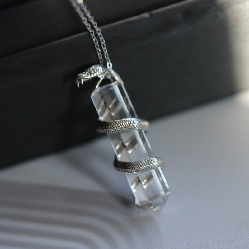 Sterling Silver Serpent-Wrapped Clear Quartz Pendant: A Mystical Amulet