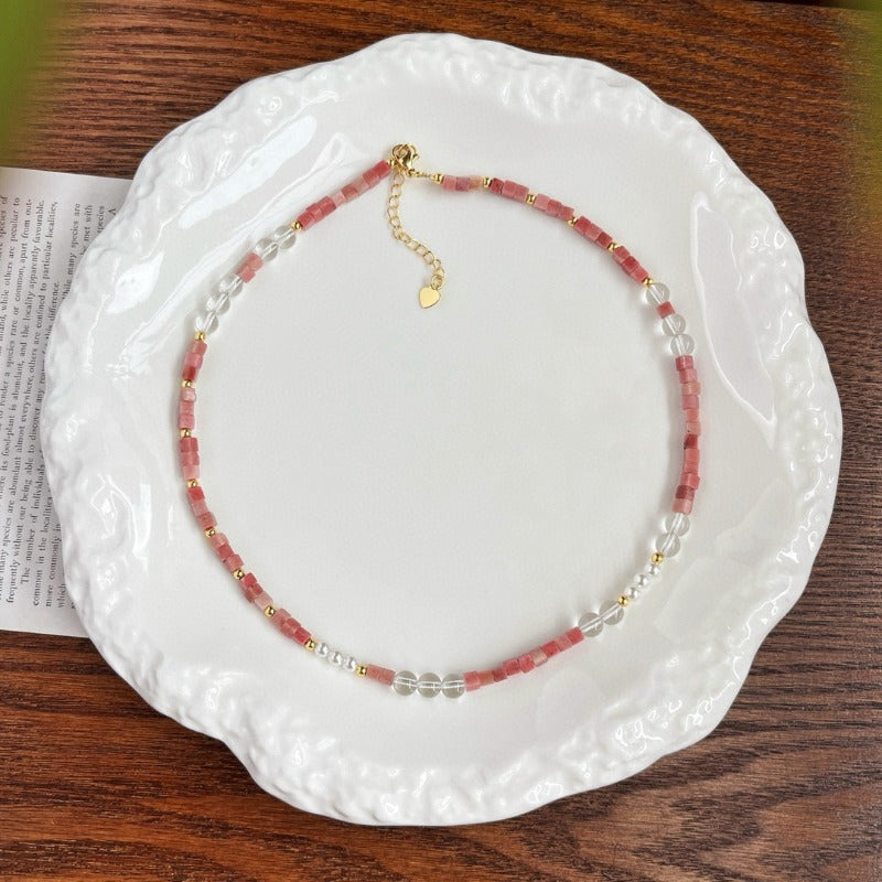 Natural Rhodochrosite, Clear Quartz & Pearl Retro Adjustable Necklace