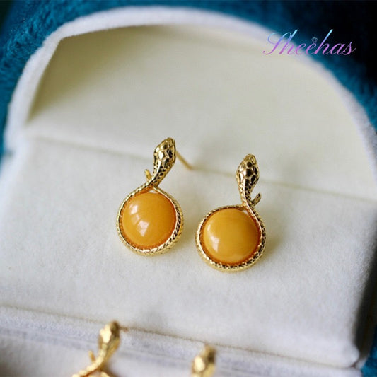 Natural Amber & Sterling Silver Ouroboros Wealth-Eternity Symbol Earrings by Sheehas
