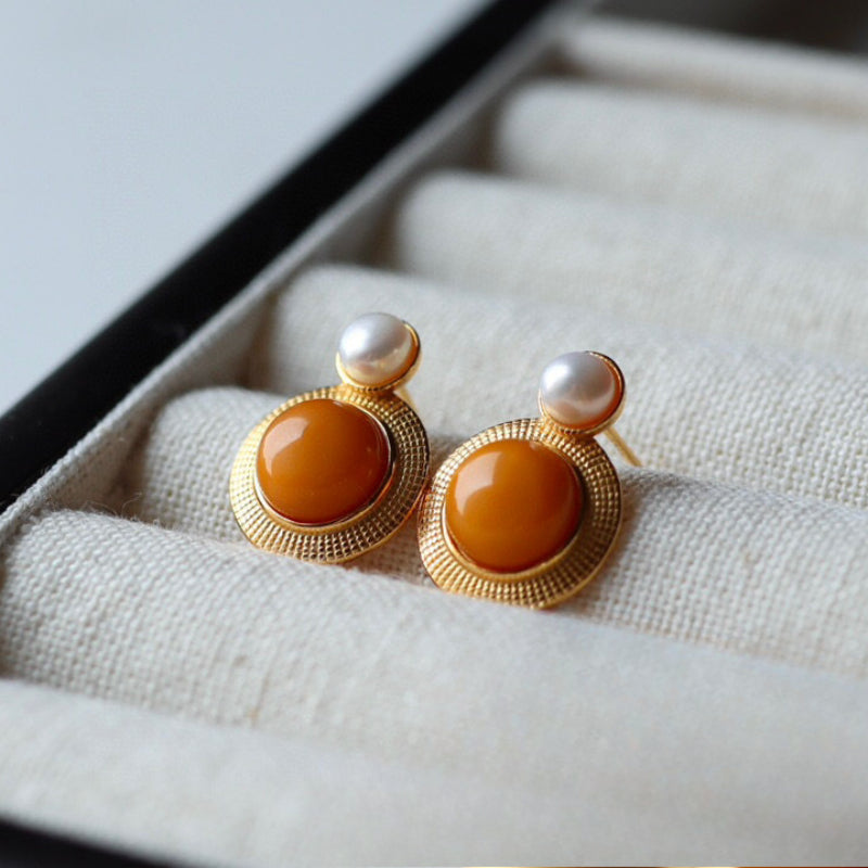 Sheehas Natural Amber Inlaid with Pearls Sterling Silver 18K Gold Plated Feng Shui Fortune-Praying Stud Earrings