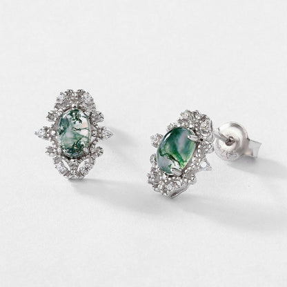 Moss Agate Palace-Style Earrings | Sterling Silver Studs for Balance & Prosperity