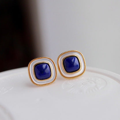 Sheehas Natural Lapis Lazuli White Nacre Embellished Sterling Silver 18K Gold Plated Square Stud Earrings