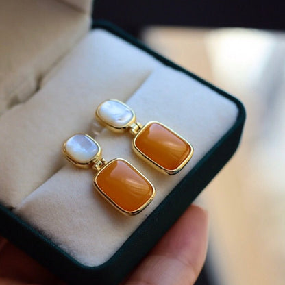 Sheehas Feng Shui Natural Amber & White Nacre Sterling Silver 18K Gold Plated Vintage Square Dangel Earrings