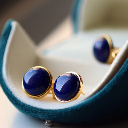 Sheehas Feng Shui Natural Lapis Lazuli Sterling Silver 18K Gold Plated Round Clip-on Earrings: Fortune Enhancement