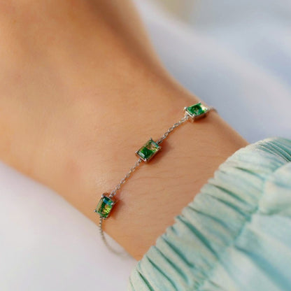 Moss Agate Emerald-Cut Sterling Silver Minimalism Adjustable Bracelet
