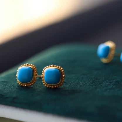 Sheehas Feng Shui Natural Turquoise Sterling Silver 18K Gold Plated Small Square Stud Earrings