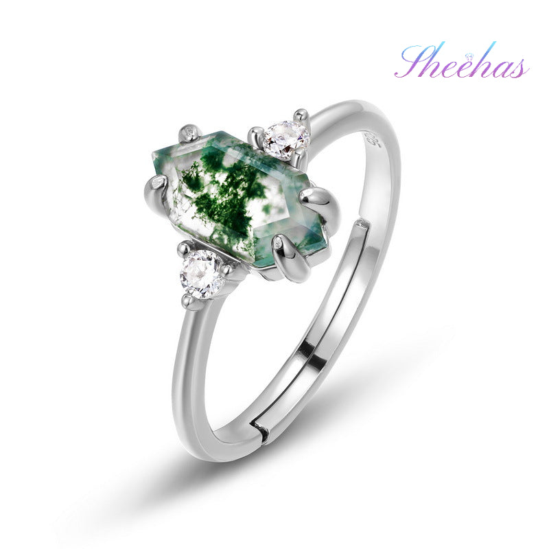 Moss Agate Sterling Silver Hexagon Prong-setting Retro Jewelry Set ( 6 Combinations Available)