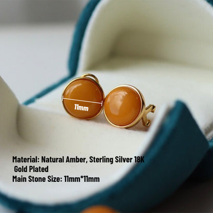 Sheehas Feng Shui Natural Amber Sterling Silver 18K Gold Plated Round Clip-on Earrings