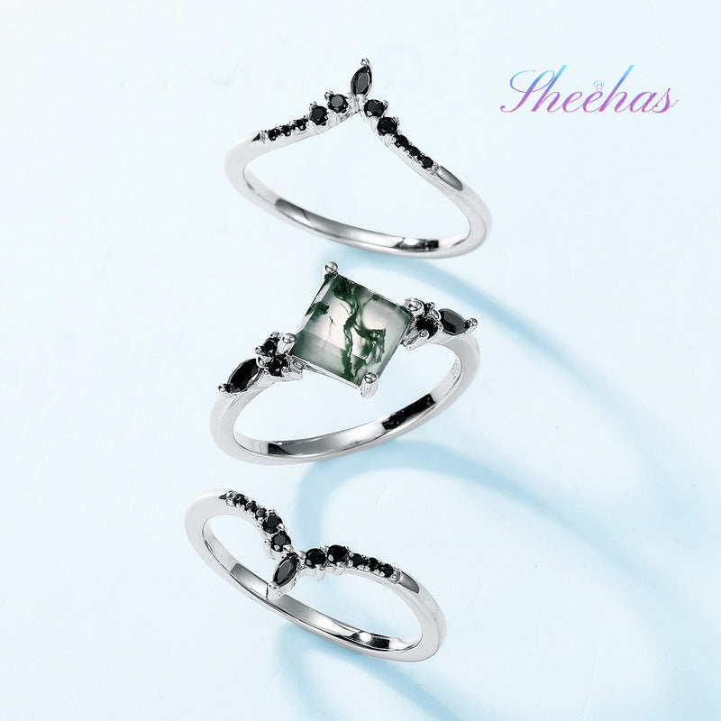 Multiple Ways to Style | Sheehas Moss Agate & Sterling Silver Stackable Triple Layer Rings