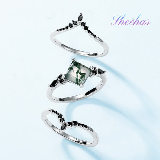 Multiple Ways to Style | Sheehas Moss Agate & Sterling Silver Stackable Triple Layer Rings