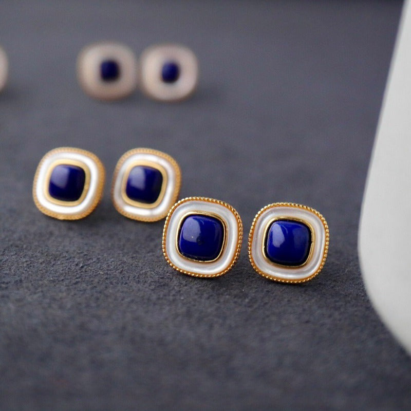 Sheehas Natural Lapis Lazuli White Nacre Embellished Sterling Silver 18K Gold Plated Square Stud Earrings