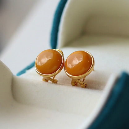 Sheehas Feng Shui Natural Amber Sterling Silver 18K Gold Plated Round Clip-on Earrings