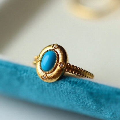 Sheehas Exquisite Natural Turquoise Sterling Silver 18K Gold Plated Adjustable Vintage Court-style Ring