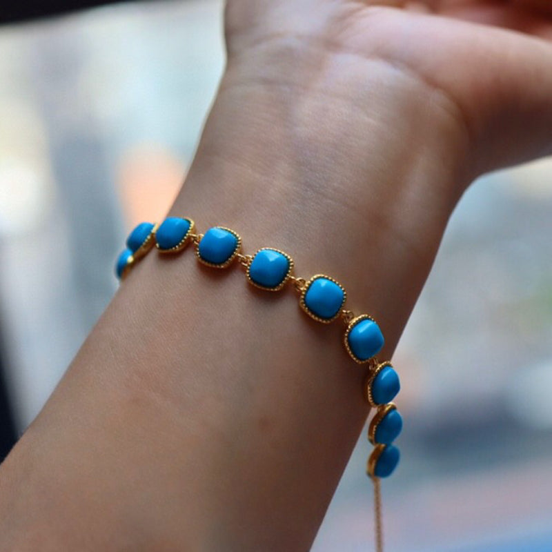 Sheehas Natural Turquoise Sterling Silver 18K Gold Plated Feng Shui Energy Bracelet