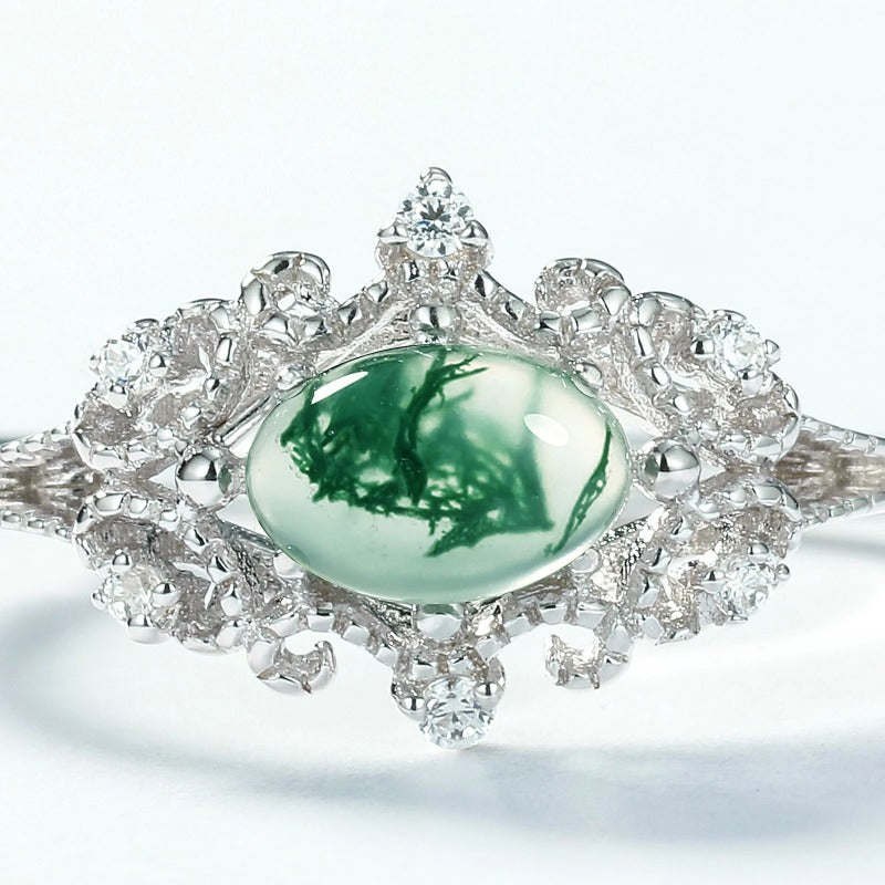 Sheehas Feng Shui Moss Agate Palace-Style Ring | Sterling Silver Adjustable Ring | Natural Crystal Healing Choice