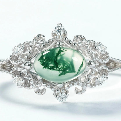 Sheehas Feng Shui Moss Agate Palace-Style Ring | Sterling Silver Adjustable Ring | Natural Crystal Healing Choice