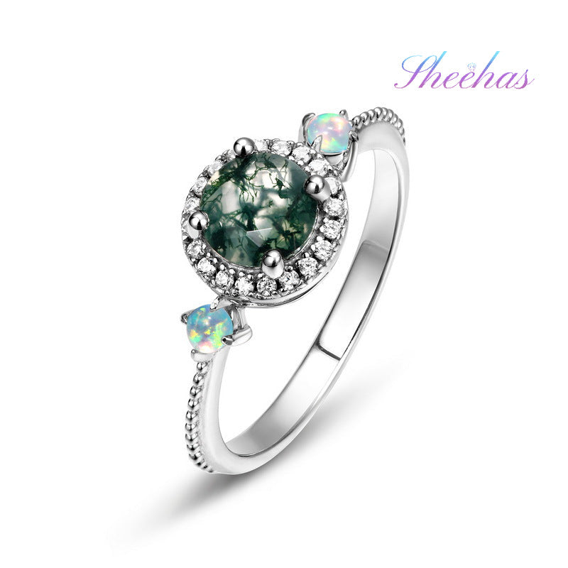 Luxurious Moss Agate Sterling Silver Round-cut and Diamond-surrounding Jewelry Set