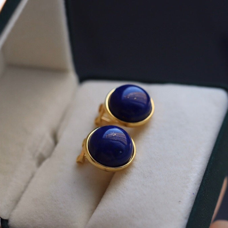 Sheehas Feng Shui Natural Lapis Lazuli Sterling Silver 18K Gold Plated Round Clip-on Earrings: Fortune Enhancement