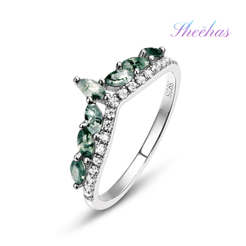 Pure Love: Natural Moss Agate Sterling Silver Angel's Wing Ring