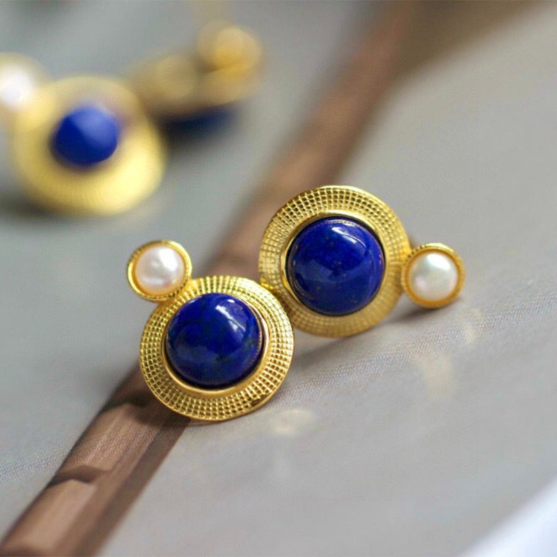 Sheehas Natural Lapis Lazuli & Pearl-Inlaid Sterling Silver 18K Gold Plated Stud Earrings