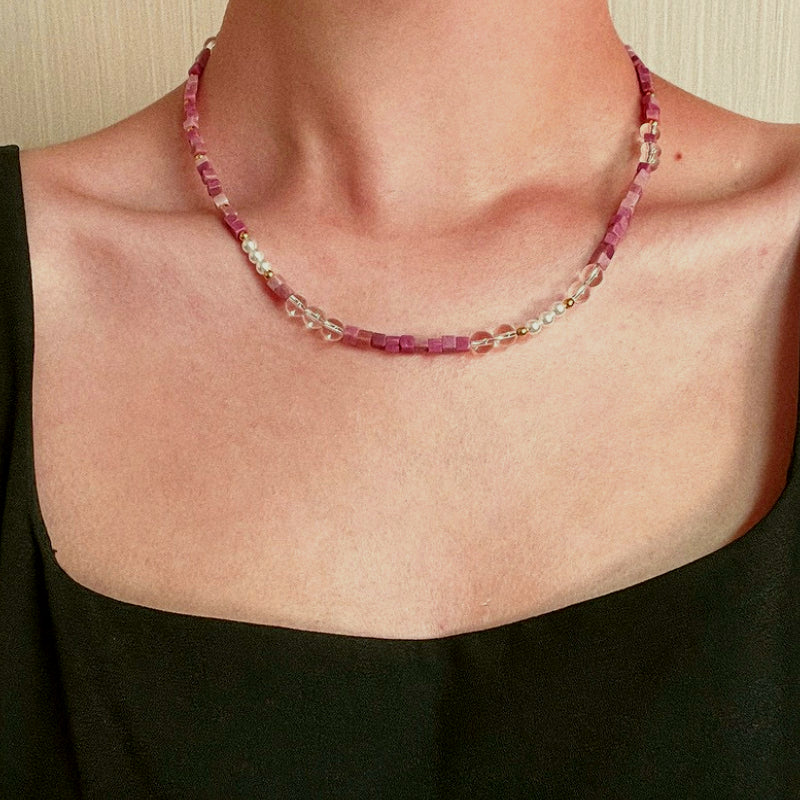 Natural Rhodochrosite, Clear Quartz & Pearl Retro Adjustable Necklace