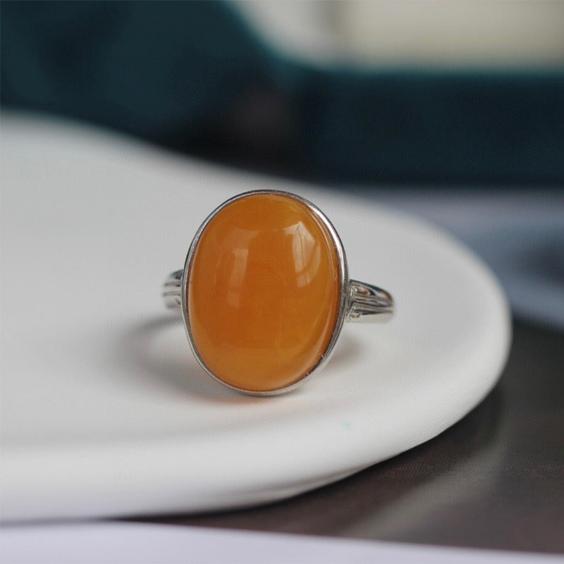 Sheehas Feng Shui Natural Amber Sterling Silver Energy-Healing Adjustable Ring