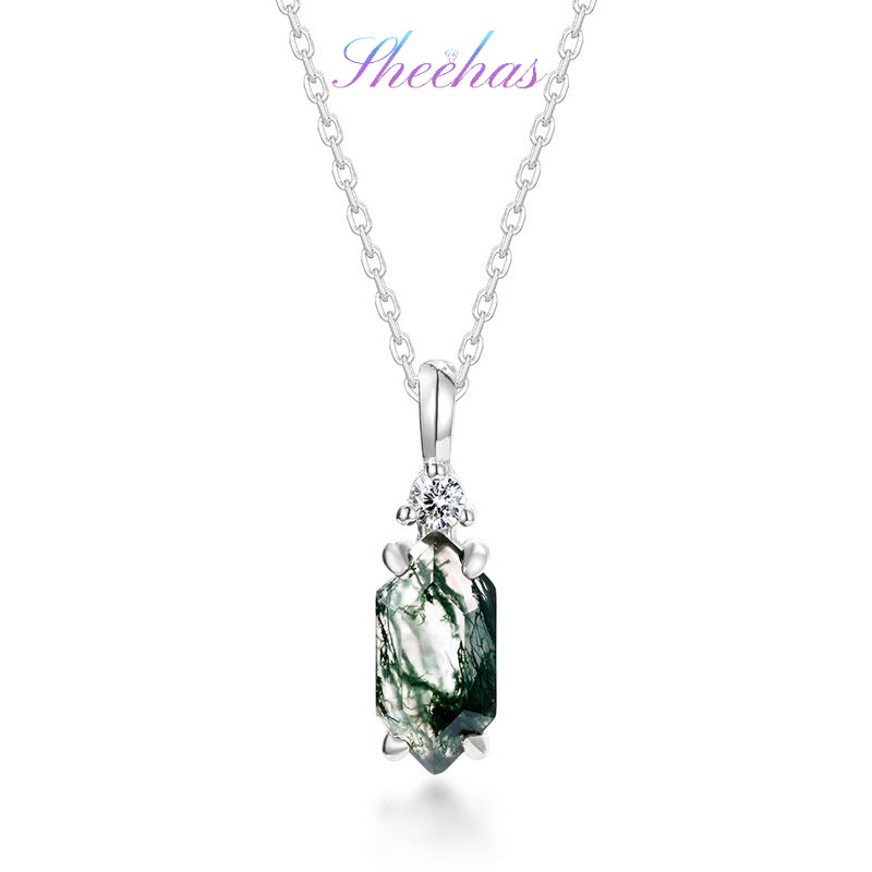 Moss Agate Sterling Silver Hexagon Prong-setting Retro Jewelry Set ( 6 Combinations Available)