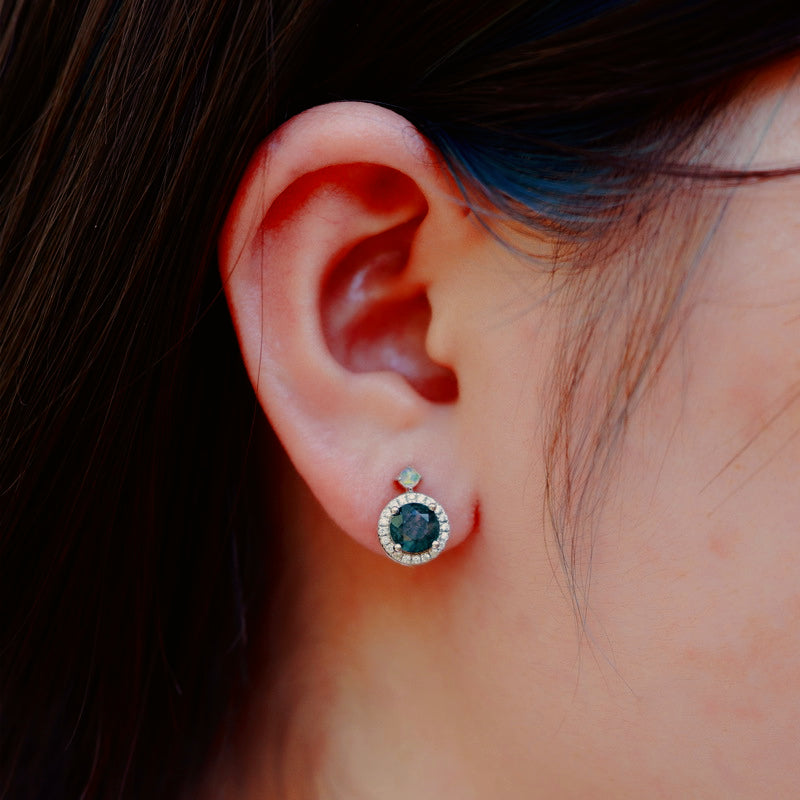 Luxurious Moss Agate Sterling Silver Round-cut and Diamond-surrounded Stud Earrings