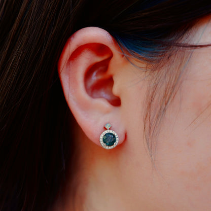 Luxurious Moss Agate Sterling Silver Round-cut and Diamond-surrounded Stud Earrings